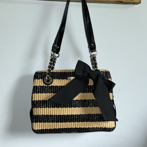 Kate Spade Rattan Black Striped Bow Shoulder Three Pocket Bag - Picture 9 of 9